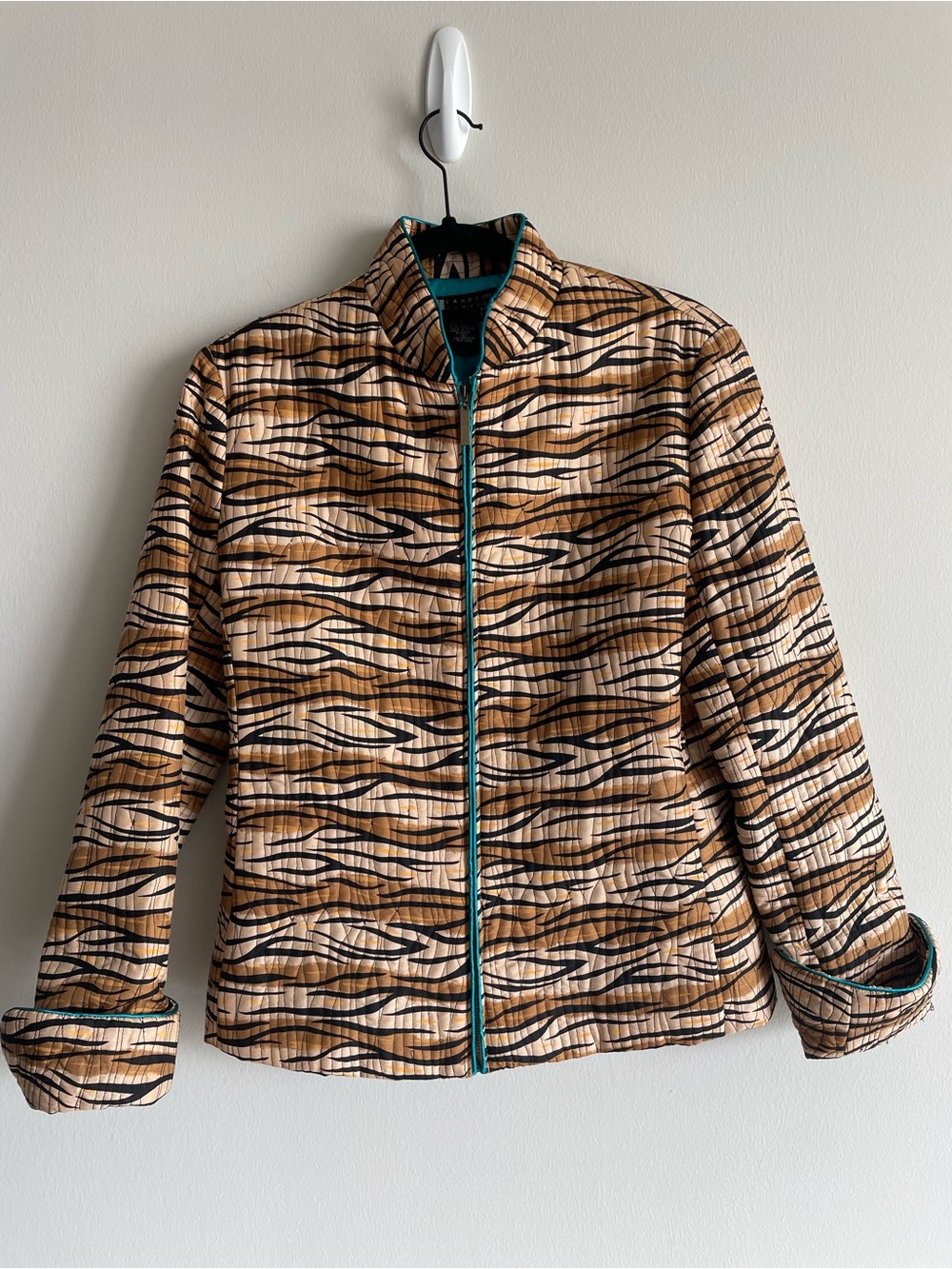 Carole Little Jacket Silk Funky Tiger Animal Print Collarless Blue Lining Zip Up
